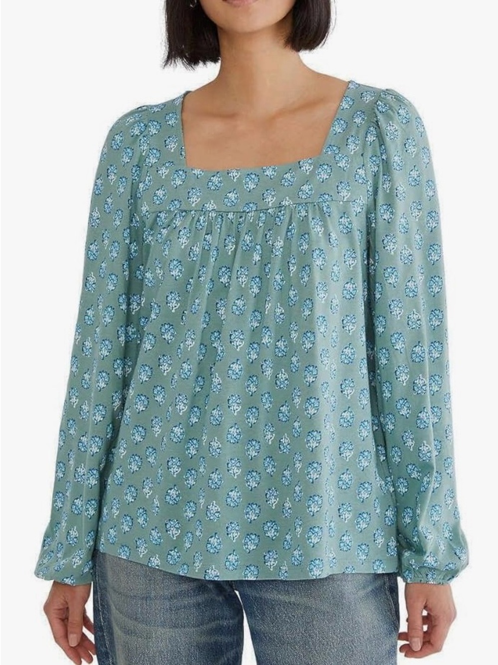 Lucky Brand  Womens Sage Green Multi  Floral Square-Neck Peasant Top Size Large